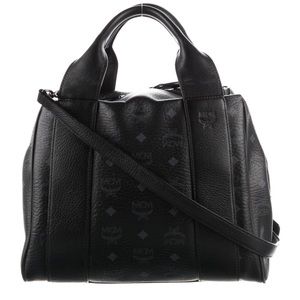 MCM Black Leather Visetos Top Handle Bag